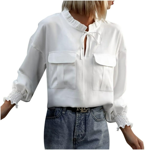 IROINNID Polyester Long Sleeve T Shirt for Women Casual Lace Up Pocket Shirt Round Neck Top/Shirt,White