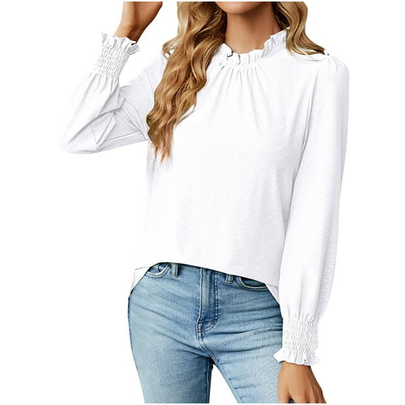 IROINNID Polyester Long Sleeve T Shirt for Women Comfortable Deep Round- Neck Solid Button Blouse Shirt Top,White