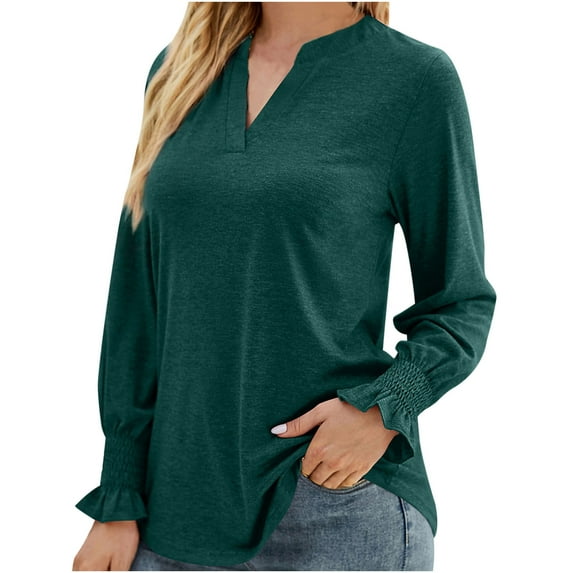 IROINNID Polyester Long Sleeve T Shirt for Women Comfy Fall Slot Neck Solid Color Sleeve Loose T-Shirt Slot Neck Top/Shirt,Green