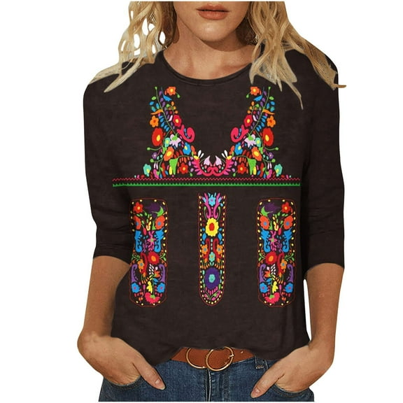 IROINNID Polyester Long Sleeve T Shirt for Women Daily Printed T-shirt Mid-length Blouse Round Neck Tops,Black