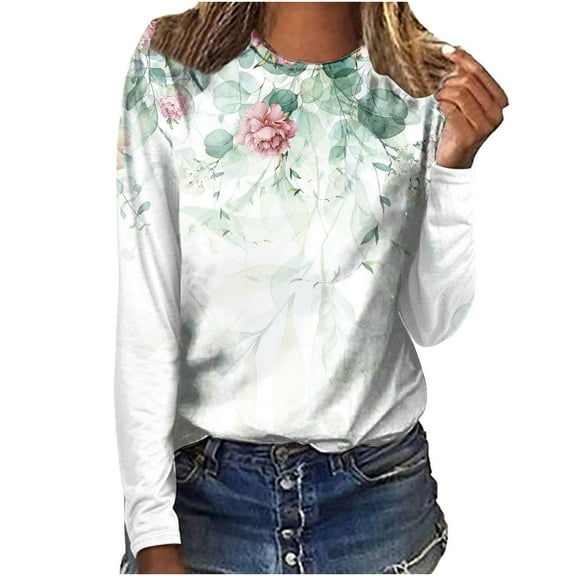 IROINNID Polyester Long Sleeve T Shirt for Women Daily Round Neck Loose Tops Print T-Shirts Blouse,Pink
