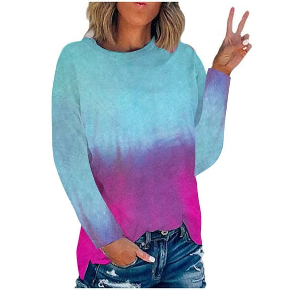 IROINNID Polyester Long Sleeve T Shirt for Women Daily Summer Round Neck Print Outing Blouses Tops,Blue