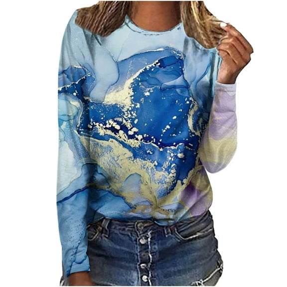IROINNID Polyester Long Sleeve T Shirt for Women Leisure Ladies Round Neck Loose Tops Print T-Shirts Blouse,Blue