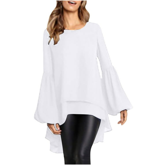 IROINNID Polyester Long Sleeve T Shirt for Women Leisure Solid Color Irregular Pullover Boat Neck Lantern Tops,White