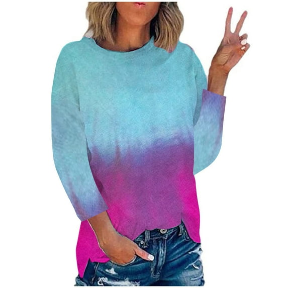 IROINNID Polyester Long Sleeve T Shirt for Women Leisure Summer Round Neck Print Outing Blouses Tops,Sky Blue