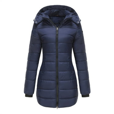 IROINNID Puffer Jacket for Women Loose Fit Medium Length Winter Warm Coat Solid Color Hooded Basic Quilted Jacket Tops,Dark Blue