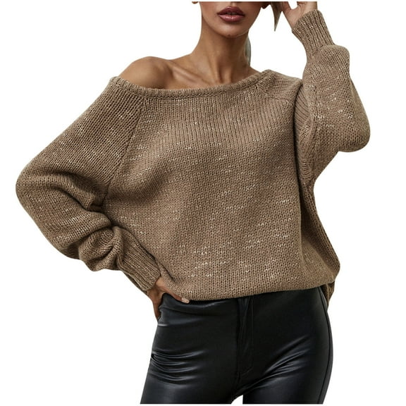 IROINNID Pullover Sweater for Women Autumn/Winter Off Shoulder Round Neck Pullover Knitted Loose Sweater,Khaki