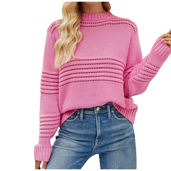 IROINNID Pullover Sweater for Women Solid Color Loose Long Sleeve Round-Neck Sweater Trendy Lightweight Top,Hot Pink