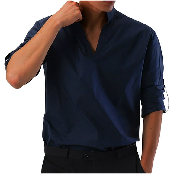 IROINNID Button Down Shirts for Men able Deep V Long Sleeve Shirt Solid Color Multi-code,Navy