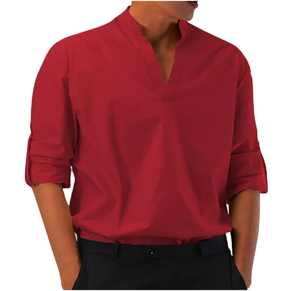 IROINNID Button Down Shirts for Men able Deep V Long Sleeve Shirt Solid Color Multi-code,Red