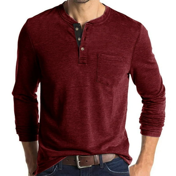 IROINNID Reduced Button Down Shirts for Men Long-Sleeve Beefy Muscle Basic Solid Pure Color Blouse Tee Shirt Top Long Sleeve Round-Neck Blouses & Shirts,Burgundy