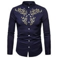 thumbnail image 1 of IROINNID Button Up Shirts for Men Floral Embroidery Slim Fit Long Sleeve Band Collar Dress Shirts,Navy, 1 of 4