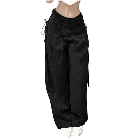 IROINNID Reduced Cargo Pants for Women Strap Hip-hop Pants Vintage Street Cargo Pants Loose Low Waist Solid Color Straight Trousers,Black