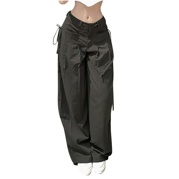 IROINNID Cargo Pants for Women Strap Hip-hop Pants Vintage Street Cargo Pants Loose Low Waist Solid Color Straight Trousers,Gray