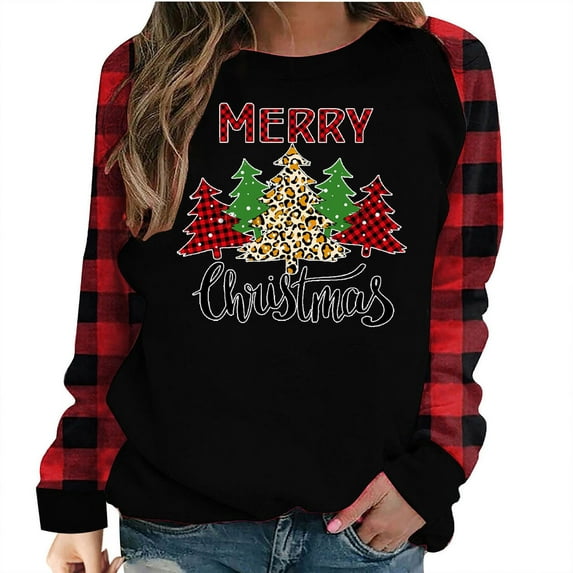 IROINNID Reduced Christmas Sweatshirts for Women Xmas Printed Casual Pullover Long Sleeves Crewneck Tops,Black