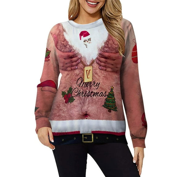 IROINNID Christmas Ugly Shirts for Women Ugly Christmas Print Pullover Long Sleeve Crewneck Xmas Funny Gift Tops,Pink