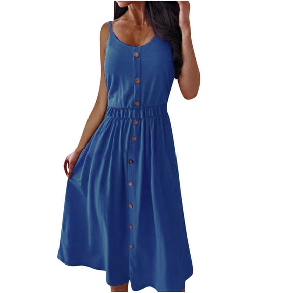 IROINNID Dress for Women 2023 Casual Cocktail Wedding Guest Dress Sleeveless Plain Round Neck And Mid-Calf Dress In Spring And Summer Shirt Dress,Blue