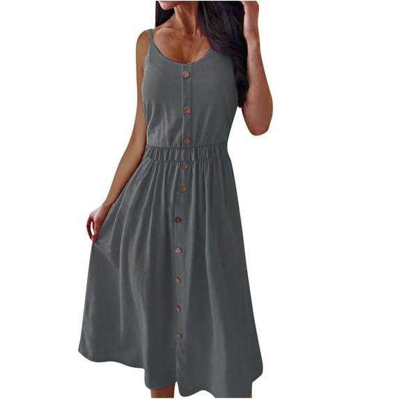 IROINNID Reduced Dress for Women 2023 Casual Cocktail Wedding Guest Dress Sleeveless Plain Round Neck And Mid-Calf Dress In Spring And Summer Shirt Dress,Gray