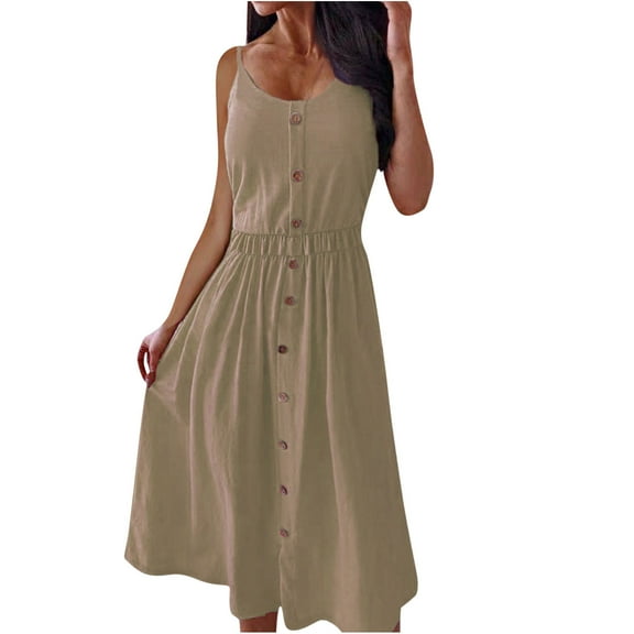 IROINNID Dress for Women 2023 Casual Cocktail Wedding Guest Dress Sleeveless Plain Round Neck And Mid-Calf Dress In Spring And Summer Shirt Dress,Khaki