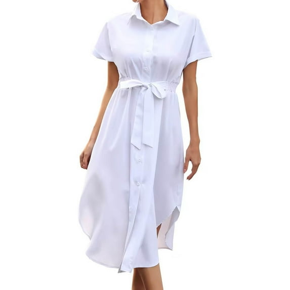 IROINNID Reduced Dress for Women 2023 Formal Evening Night Dress Short Sleeved Solid Color Roll Sleeved Short Sleeved Loose Lapel Shirt Dress Shirt Dress,White