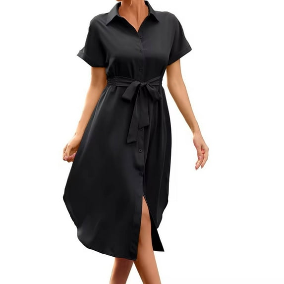 IROINNID Reduced Dress for Women 2023 Formal Evening Night Dress Short Sleeved Solid Color Roll Sleeved Short Sleeved Loose Lapel Shirt Dress Shirt Dress,Black