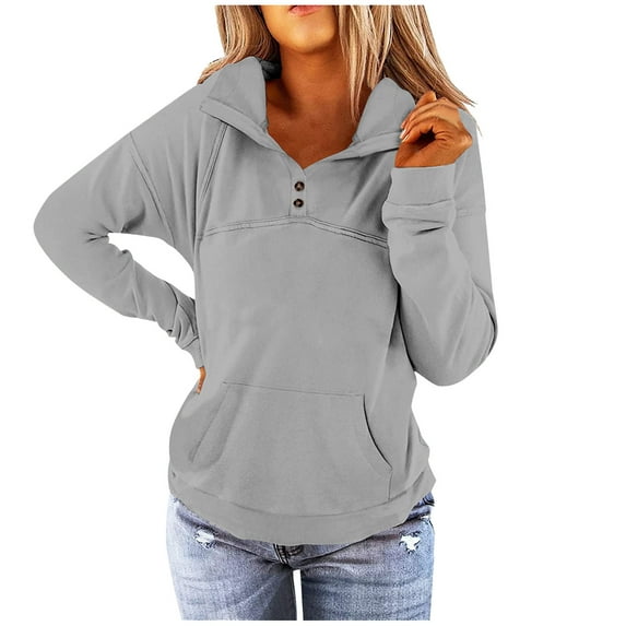 IROINNID Reduced Fall Shirts for Women Long Sleeve Fall Winter Solid Color V-Neck Tops Pullover Basic Comfy Sweatshirts for Women with Pocket,Gray
