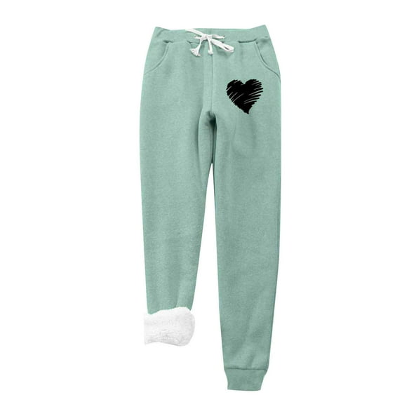 IROINNID Reduced Fleece Sweatpants for Women Casual Jogger Love Printing Leggings Drawstring Waist Thick Warm Elastic Pants with Pockets,Green