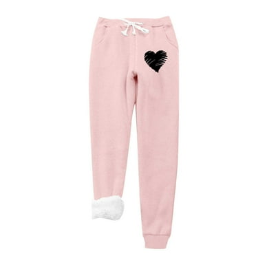 IROINNID Reduced Fleece Sweatpants for Women Casual Jogger Love Printing Leggings Drawstring Waist Thick Warm Elastic Pants with Pockets,Pink