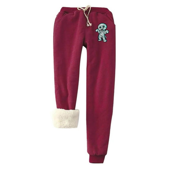 IROINNID Reduced Fleece Sweatpants for Women Thermal Printed Winter Pants Lamb Fleece Elastic Thickened Plush Warm Sweatpants,Burgundy