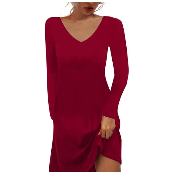 IROINNID Reduced Formal Dress for Women Wedding Guest Evening Party Formal Dress Sexy Black V-Neck Solid Dress Long Sleeve Dress,Burgundy