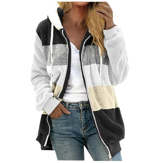 IROINNID Reduced Hoodie Jacket for Women Winter Fall Warm Zipper Shearling Jacket Long Sleeve Casual Hooded Stripe Coat,Black