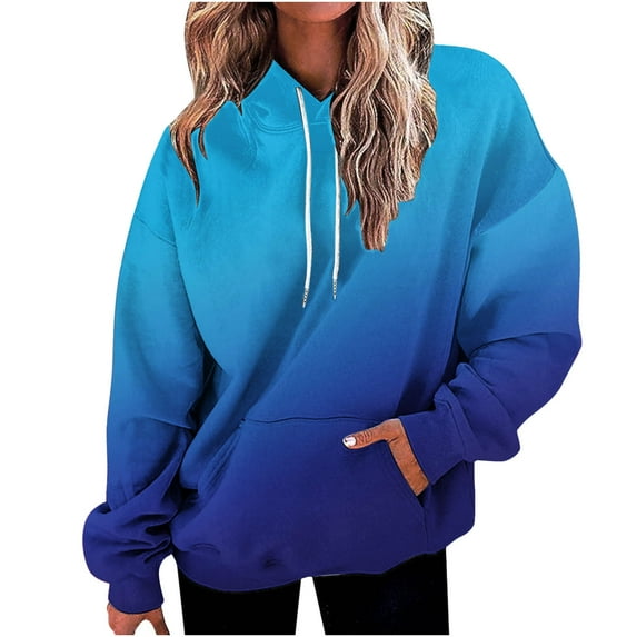IROINNID Reduced Hoodie for Women Gradient Casual Pullover with Pocket Long Sleeve Basic Loose Fit Tops Versatile Hoodie,Blue