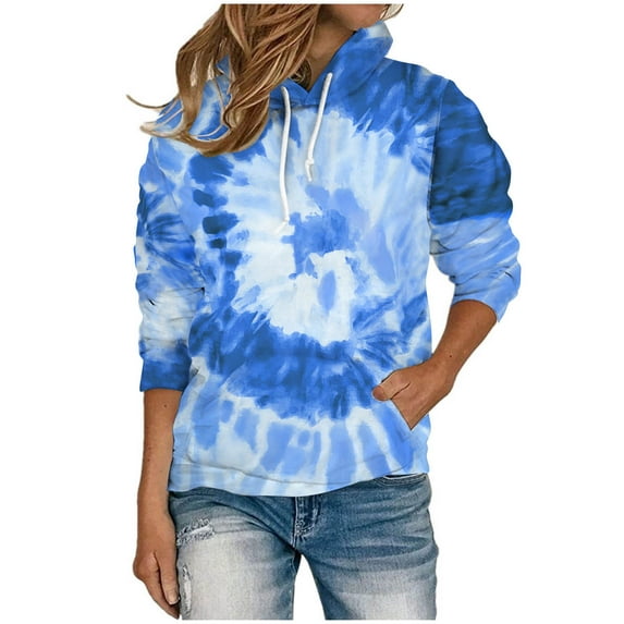 IROINNID Reduced Hoodie for Women Long Sleeve Casual Tie-Dye Pullover Loose Fit Tunic Fall Tops Hoodie,Blue