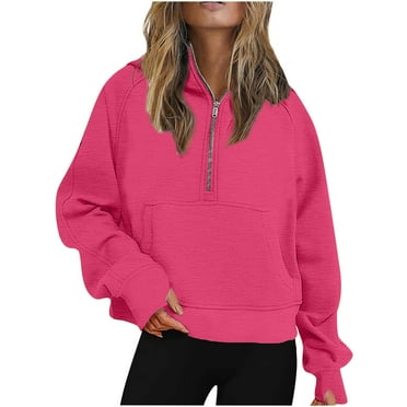 IROINNID Reduced Hoodie for Women Solid Casual Pullover Loose Long Sleeve Fall Basic Tops with Zipper Pocket,Hot Pink