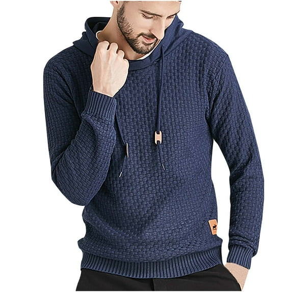 IROINNID Reduced Hoodies for Men Loose Hooded Sweatshirt Long Sleeve Solid Knitted Pullover Sweater,Blue
