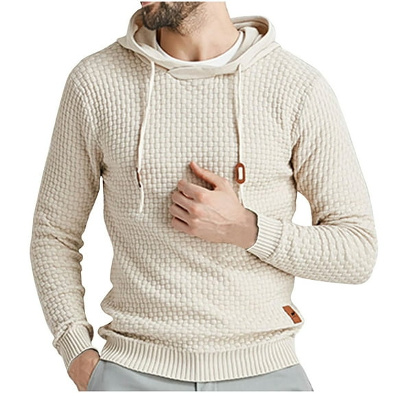 IROINNID Reduced Hoodies for Men Loose Hooded Sweatshirt Long Sleeve Solid Knitted Pullover Sweater,Khaki