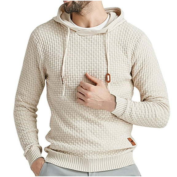 IROINNID Hoodies for Men Loose Hooded Sweatshirt Long Sleeve Solid Knitted Pullover Sweater,Khaki