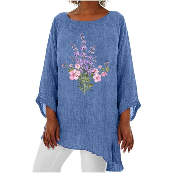 IROINNID Reduced Ladies Long Sleeve T Shirts 3/4 Sleeve Round Neck Cotton Linen Shirt Personalized Print Tops Loose Irregular Hem Blouse,Blue
