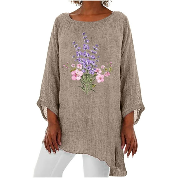 IROINNID Reduced Ladies Long Sleeve T Shirts 3/4 Sleeve Round Neck Cotton Linen Shirt Personalized Print Tops Loose Irregular Hem Blouse,Khaki