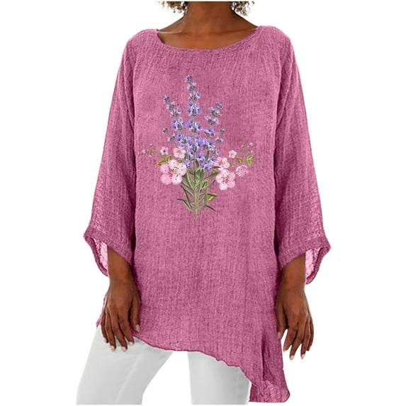 IROINNID Reduced Ladies Long Sleeve T Shirts 3/4 Sleeve Round Neck Cotton Linen Shirt Personalized Print Tops Loose Irregular Hem Blouse,Pink