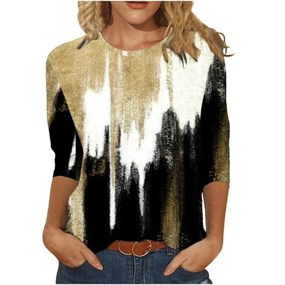 IROINNID Reduced Ladies Long Sleeve T Shirts 3/4 Sleeves Lounge Shirts Pullover Loose Tunic Tops Print O-Neck Blouse,Yellow