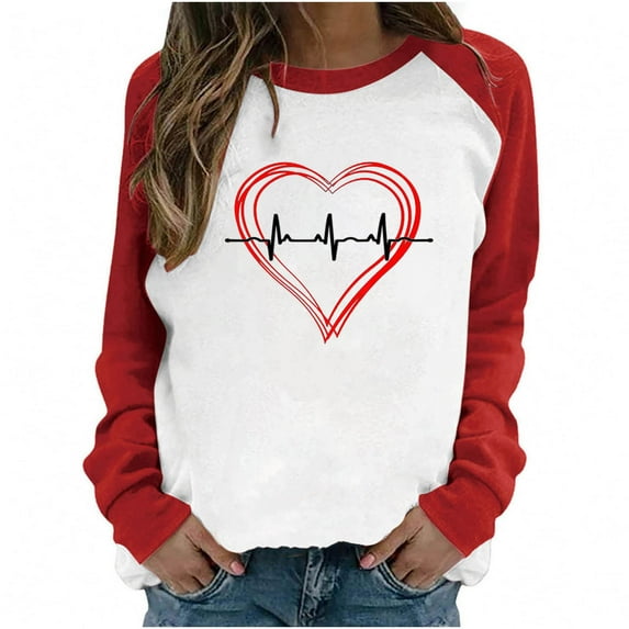 IROINNID Reduced Ladies Long Sleeve T Shirts Spring Patchwork Letter Printed Round Neck Lounge Tee Tops,Red