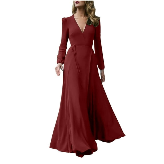 IROINNID Reduced Long Dress for Women Formal Wedding Guest Formal Dress Elegant Long Sleeve Solid Color Sexy V-neck Large Dress,Burgundy