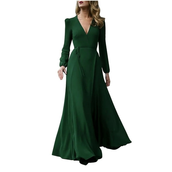 IROINNID Reduced Long Dress for Women Formal Wedding Guest Formal Dress Elegant Long Sleeve Solid Color Sexy V-neck Large Dress,Olive Green