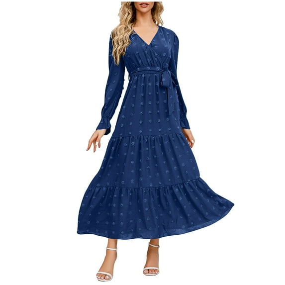 IROINNID Long Dress for Women Formal Wedding Guest Formal Dress Fall And Winter New Slim Dress Collar Bubble Sleeve Pleated Skirt,Blue