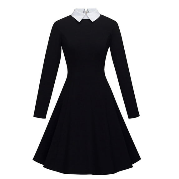 IROINNID Reduced Long Sleeve Dress for Women Mid-Length Fit&Flare Dress Vintage Solid Fall Winter Long Sleeve Turn-Down Collar V-Neck Housewife Evening Party Prom Dress,Black