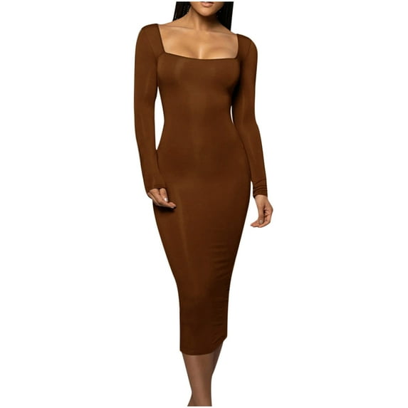 IROINNID Reduced Long Sleeve Dress for Women Wedding Guest Dresses Mid-Length Bodycon Dress Versatile Square Neck Solid Color Tight Fitting Cutout Dress,Brown