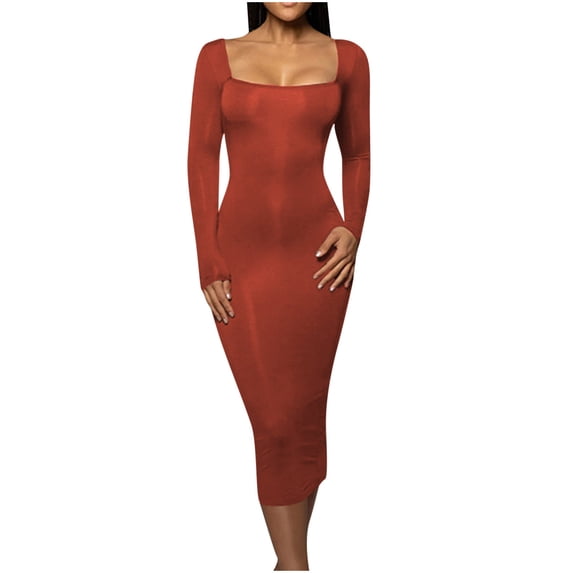 IROINNID Long Sleeve Dress for Women Wedding Guest Dresses Mid-Length Bodycon Dress Versatile Square Neck Solid Color Tight Fitting Cutout Dress,Red