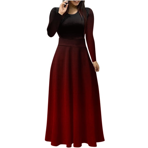 IROINNID Long Sleeve Dress for Women Fall Dress Full-Length A-Line Dress Print Colorful Long Dress Long Sleeve Round-Neck Long Dresses,Red
