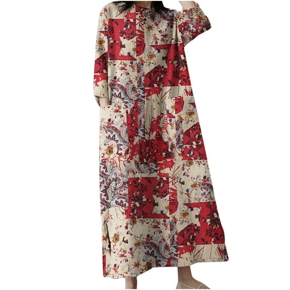 IROINNID Long Sleeve Dress for Women Fall Dress Full-Length Shift Dress Round-Neck Length Sleeve with Pocket Printed Dresses,Red